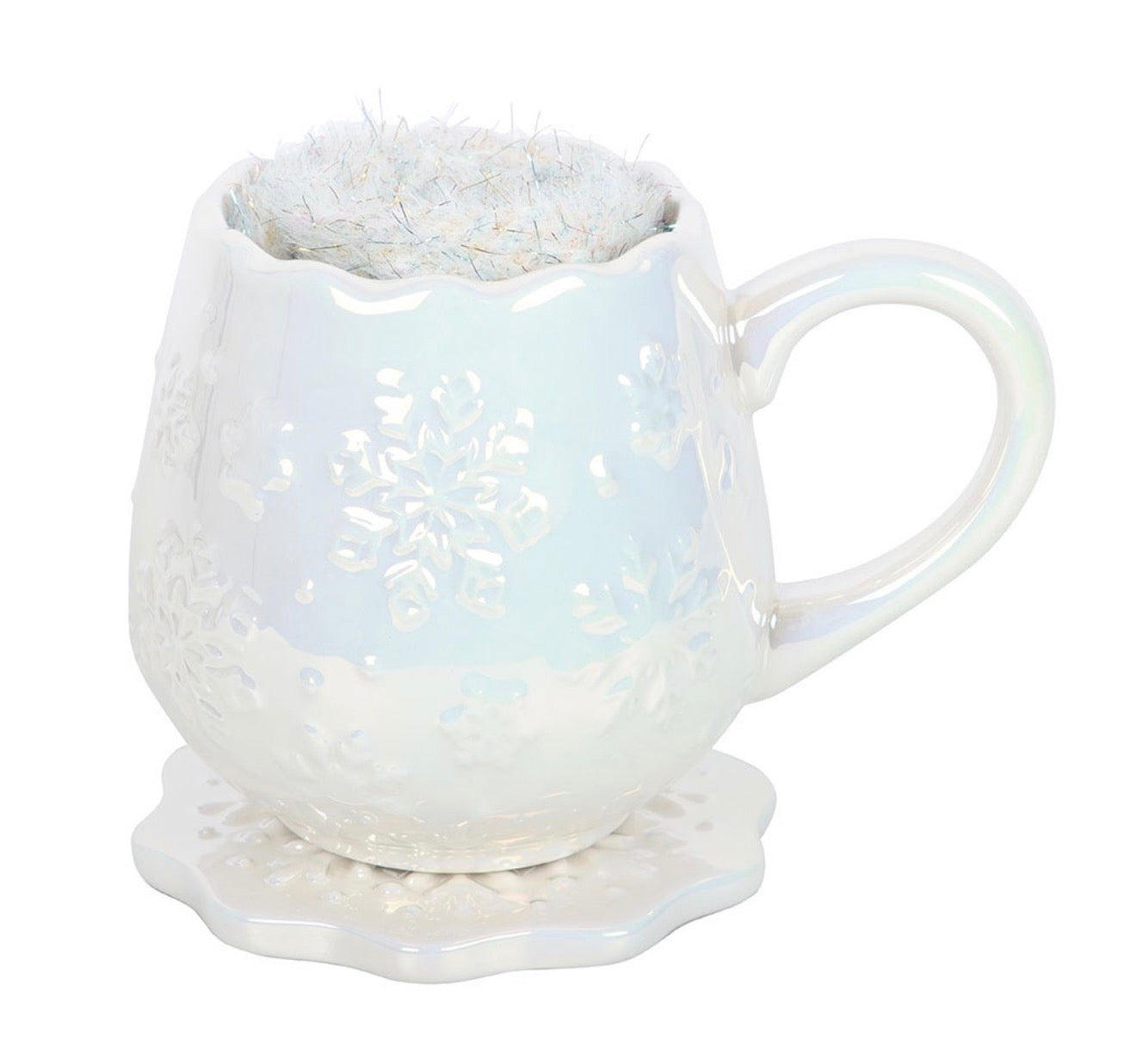 IRIDESCENT SNOWFLAKE MUG, COASTER AND SOCKS SET