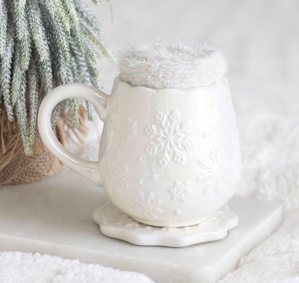 IRIDESCENT SNOWFLAKE MUG, COASTER AND SOCKS SET