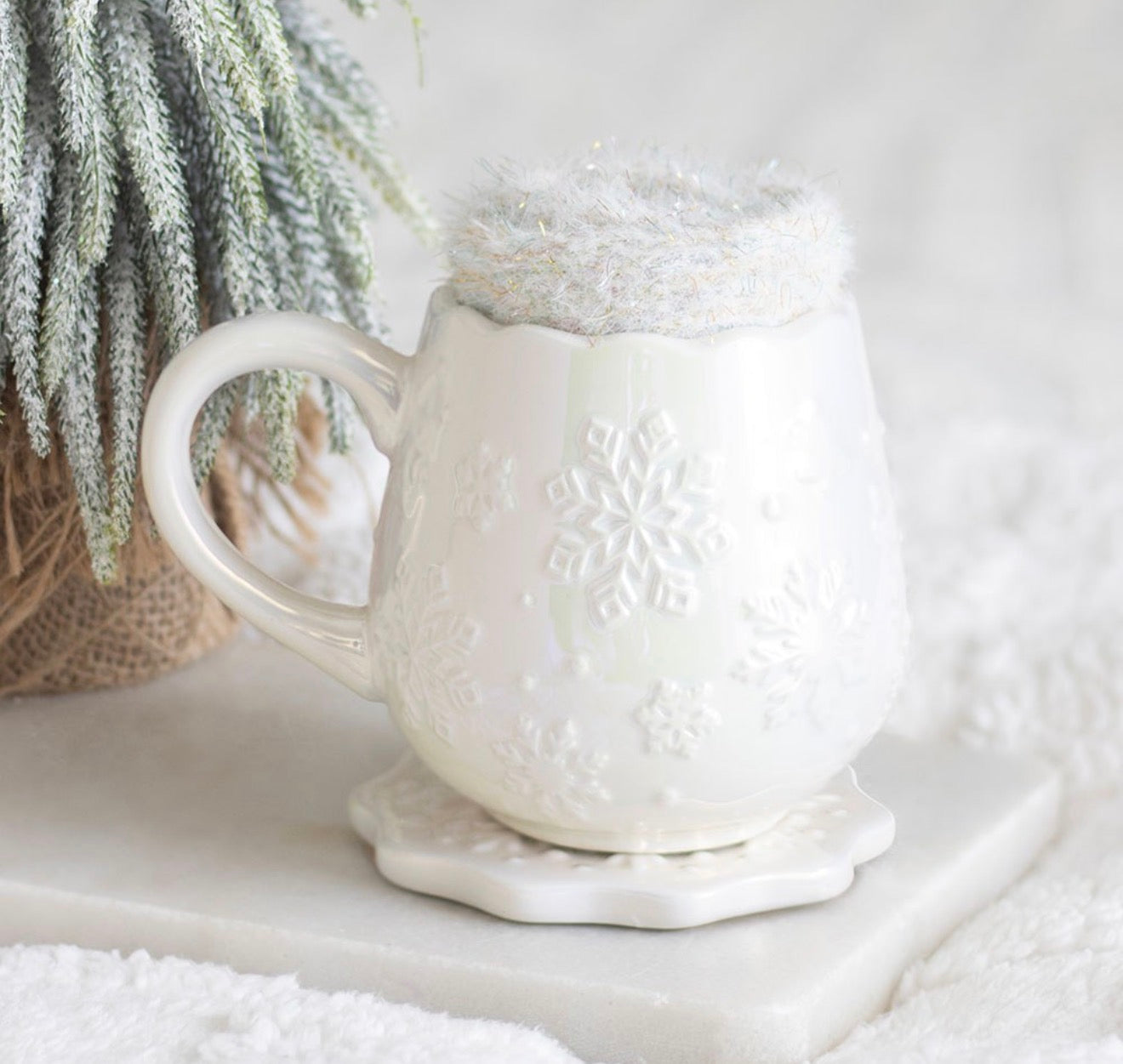 IRIDESCENT SNOWFLAKE MUG, COASTER AND SOCKS SET