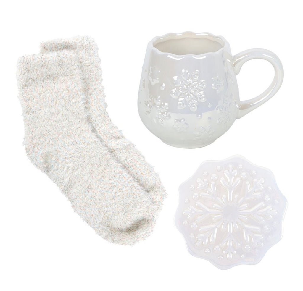 IRIDESCENT SNOWFLAKE MUG, COASTER AND SOCKS SET