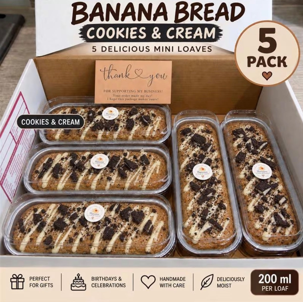 5 Pack Cookies & Cream Banana Bread Mini Loaves, Handmade Moist Banana Cake with Cookie Crumble, Gift Box for Birthdays, Celebrations & Self Treats, 200ml Each
