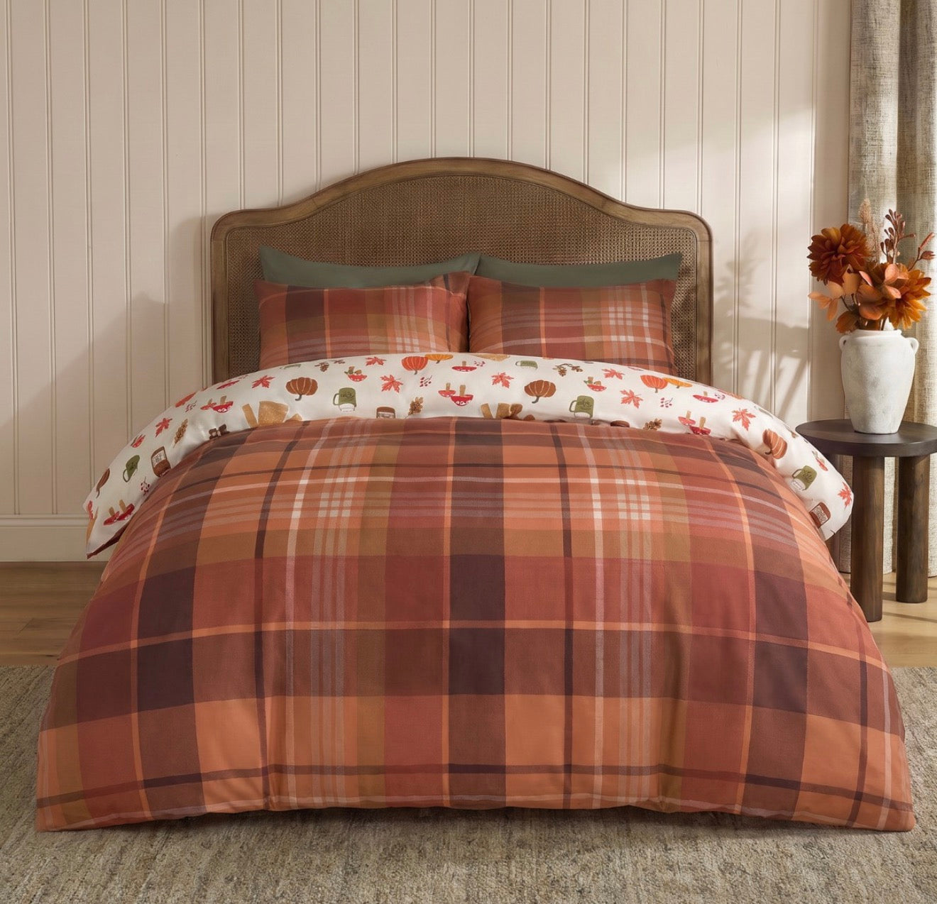 Single Autumnal Novelty Checked Reversible Duvet Cover Set - Cream/Rust