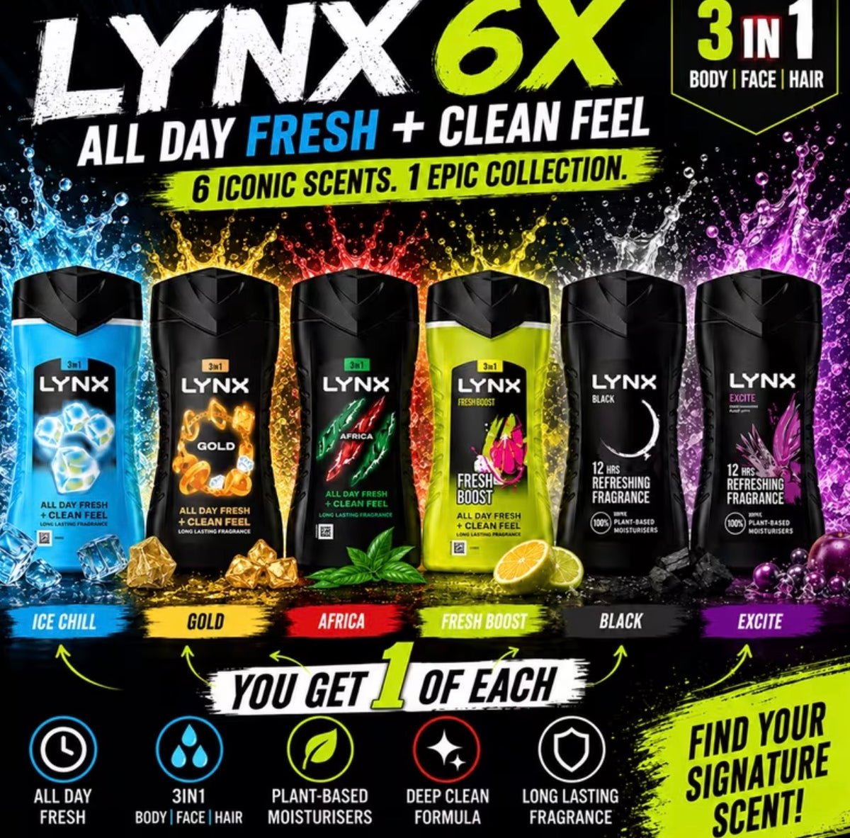 Lynx 6-Piece Men’s Body Wash Set – 1 of Each Scent, 3-in-1 Body, Face & Hair Wash, Ice Chill, gold, Africa, Epic Fresh, Black & Excite