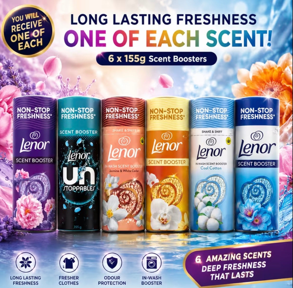 Lenor In-Wash Scent Booster Variety Bundle – 6 x 155g – 6 Different Scents – Long-Lasting Freshness