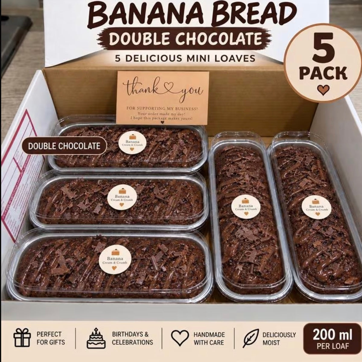 5 Pack Double Chocolate Banana Bread Mini Loaves, 200ml Each, Moist Handmade Chocolate Cakes with Chocolate Shavings, Gift Box