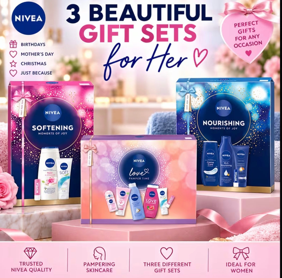 NIVEA Women’s Gift Set Bundle – 3 Gift Sets – Love Pamper Time, Softening & Nourishing Moments of Joy – Skincare & Body Care Gifts for Her