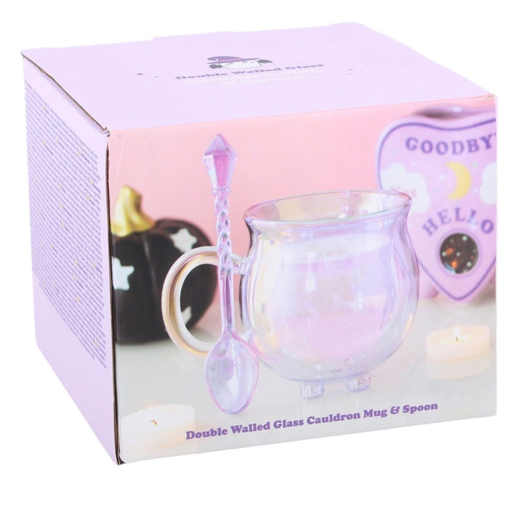 PURPLE DOUBLE WALLED GLASS CAULDRON MUG WITH SPOON