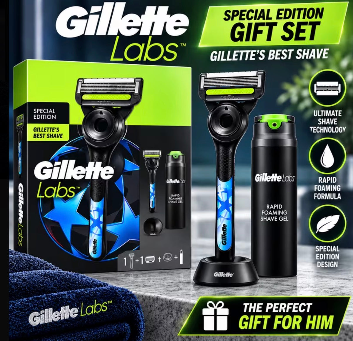 Gillette Labs Special Edition Men’s Gift Set – Razor, Blade Cartridge, Stand & Rapid Foaming Shave Gel