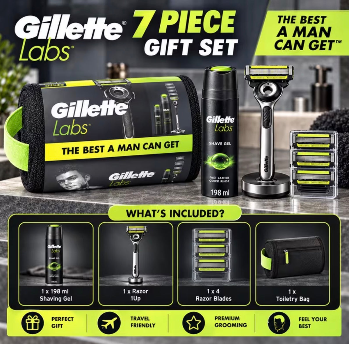 Gillette Labs 7 Piece Men’s Gift Set – 198ml Shaving Gel, Razor, 4 Razor Blades & Toiletry Bag – Men’s Grooming & Travel Gift Set