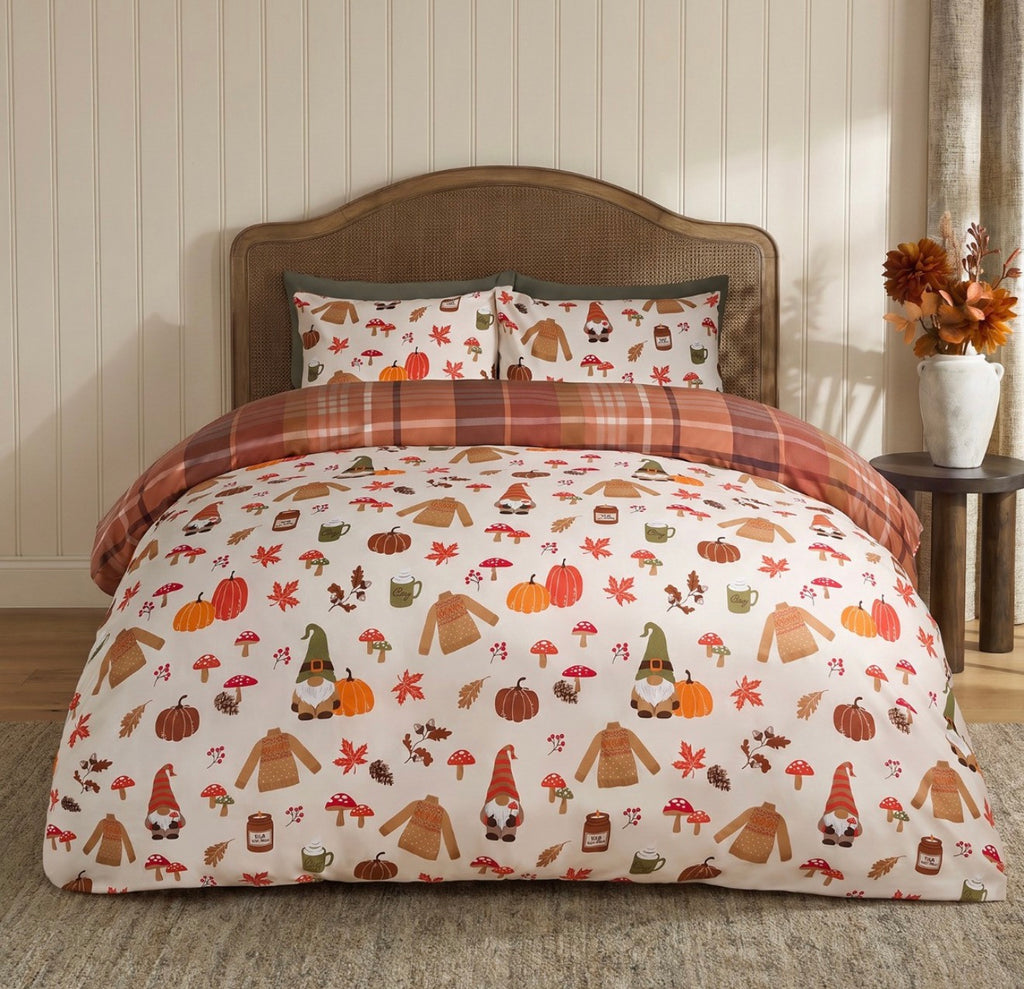 Single Autumnal Novelty Checked Reversible Duvet Cover Set - Cream/Rust