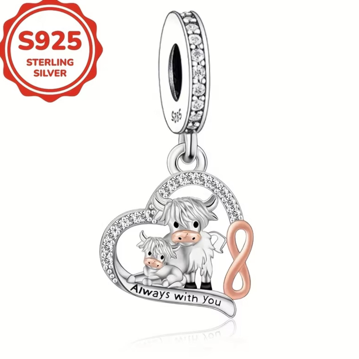 1pc 925 Sterling Silver Big Cow Always Love Little Cow Heart Shaped