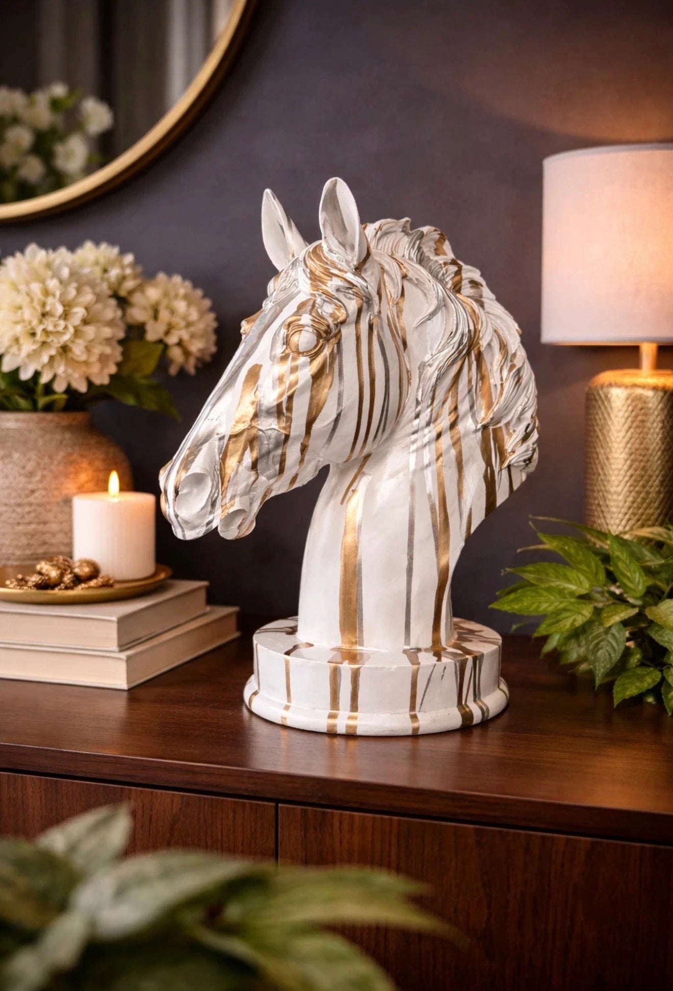 Horse Bust Gold Ornament Home Decoration Renaissance Drip Art Animal Figurine