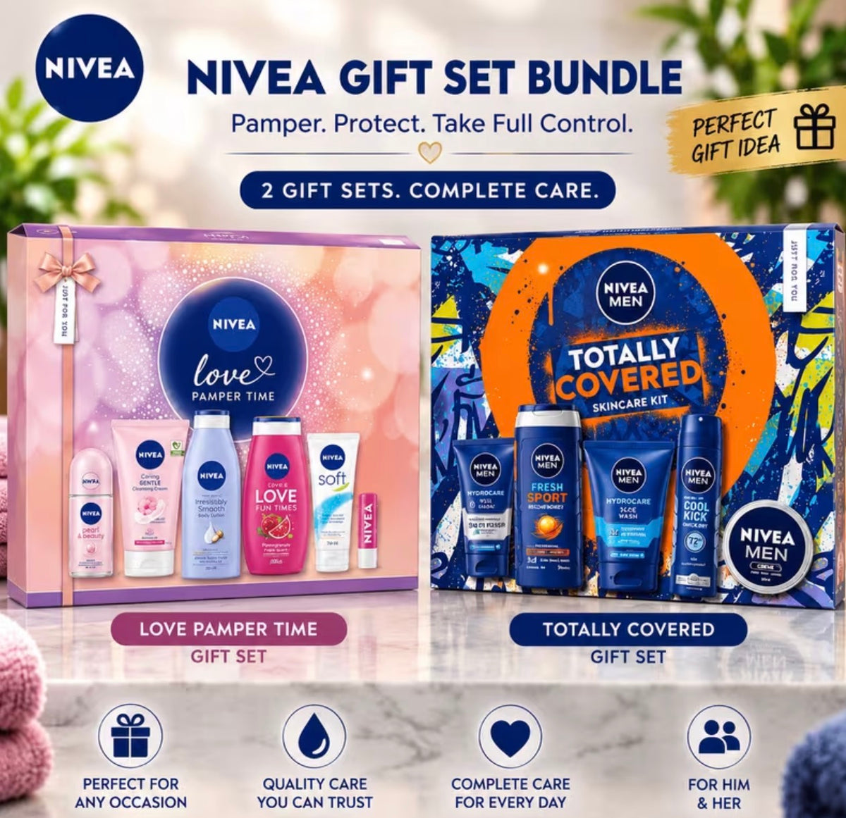 NIVEA Gift Set Bundle – Totally Covered Men'S Skincare Kit + Love Pamper Time Women'S Gift Set | 2 Gift Sets | Perfect His & Hers Gift