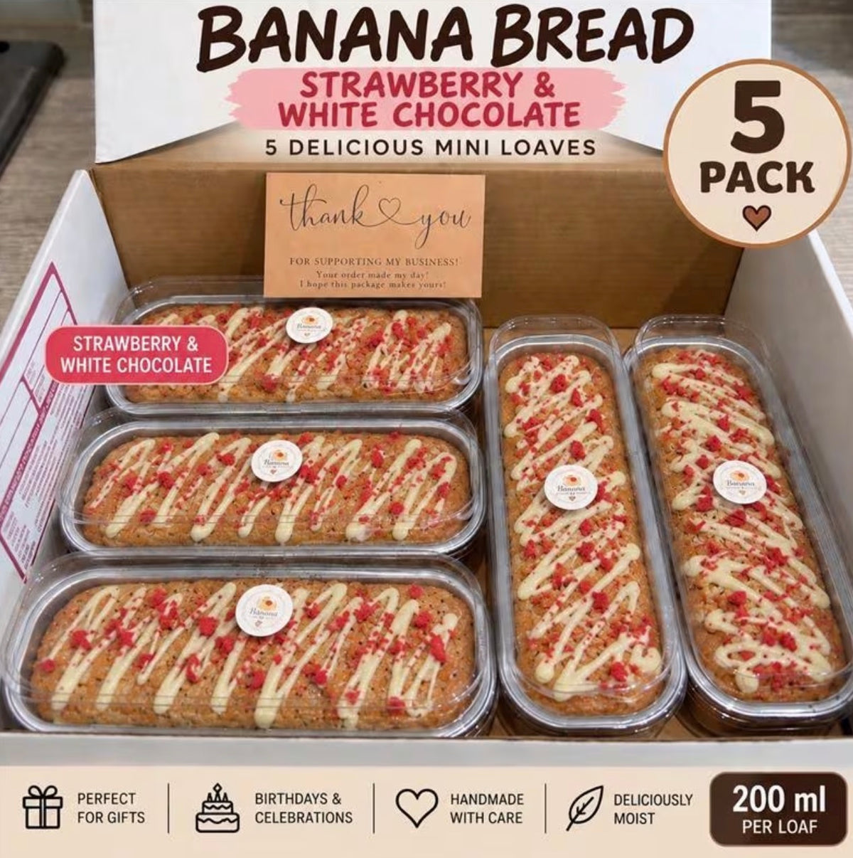 5 Pack Strawberry & White Chocolate Banana Bread Mini Loaves, Handmade Moist Banana Cake, Sweet Gift Box for Birthdays, Celebrations & Self Treats, 200ml Each
