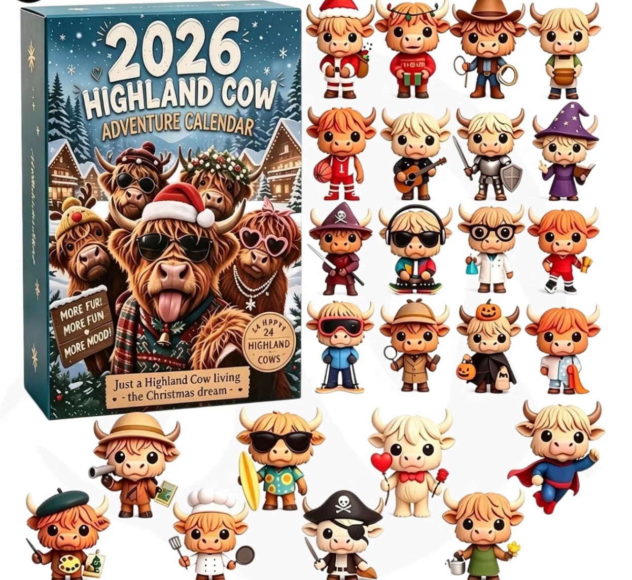 Highland Cow Advent Calendar 2026, 24 Days Christmas Countdown with Cute Scottish Cow Ornaments, Festive Gift for Adults & Kids