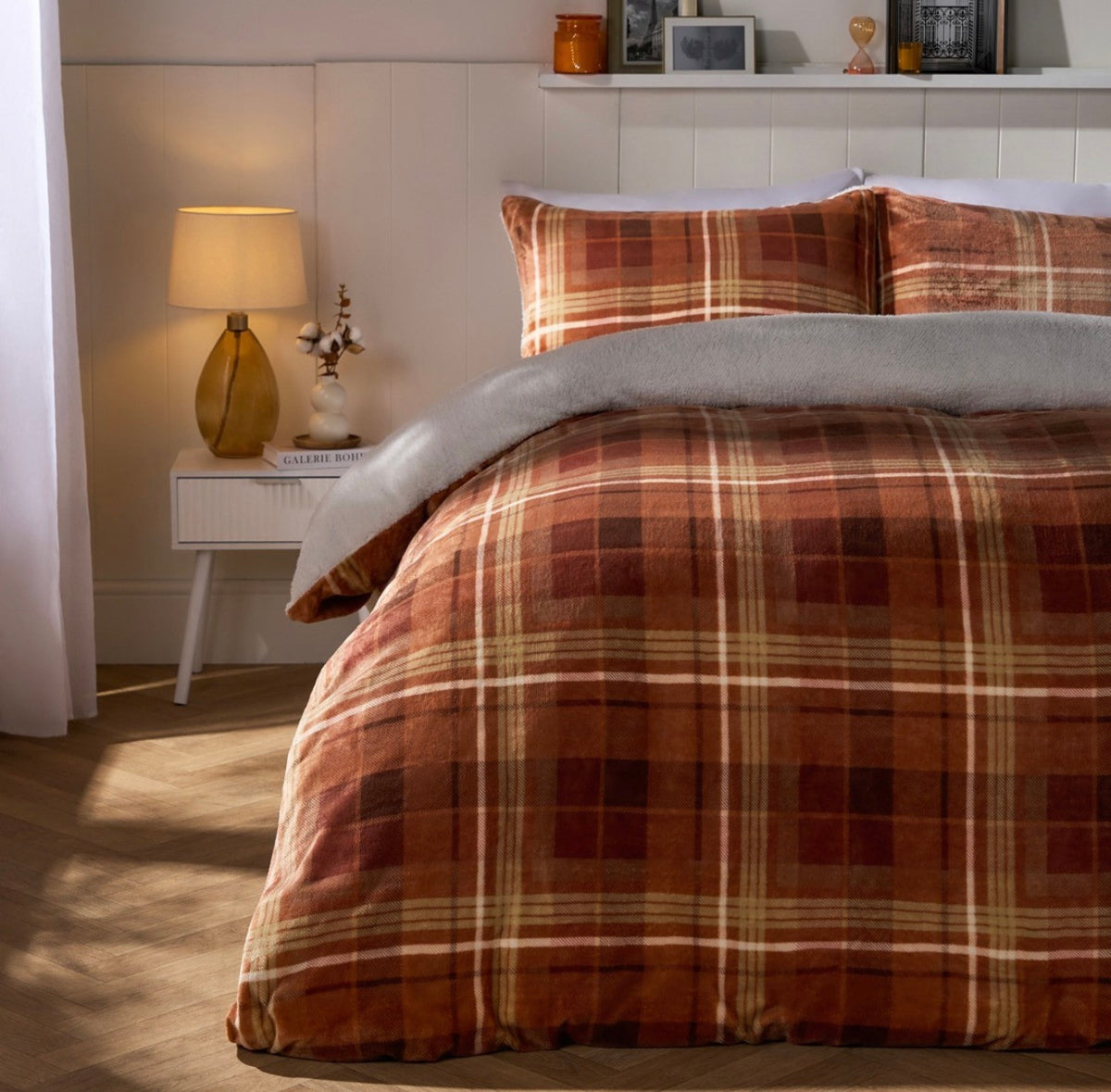 Double Autumn Check Fleece Duvet Cover Set - Rust