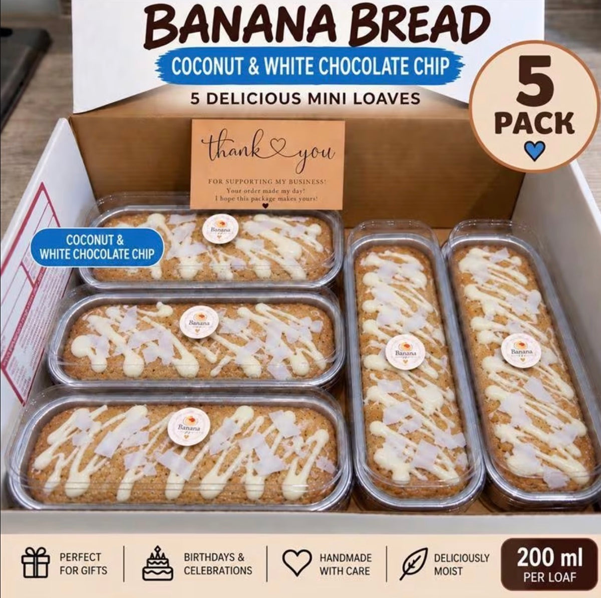 Pack of 5 Homemade Coconut & White Chocolate Chip Banana Bread Mini Loaves, Moist Cakes, Birthday & Celebration Gift Box, Self Treat, 200ml Each