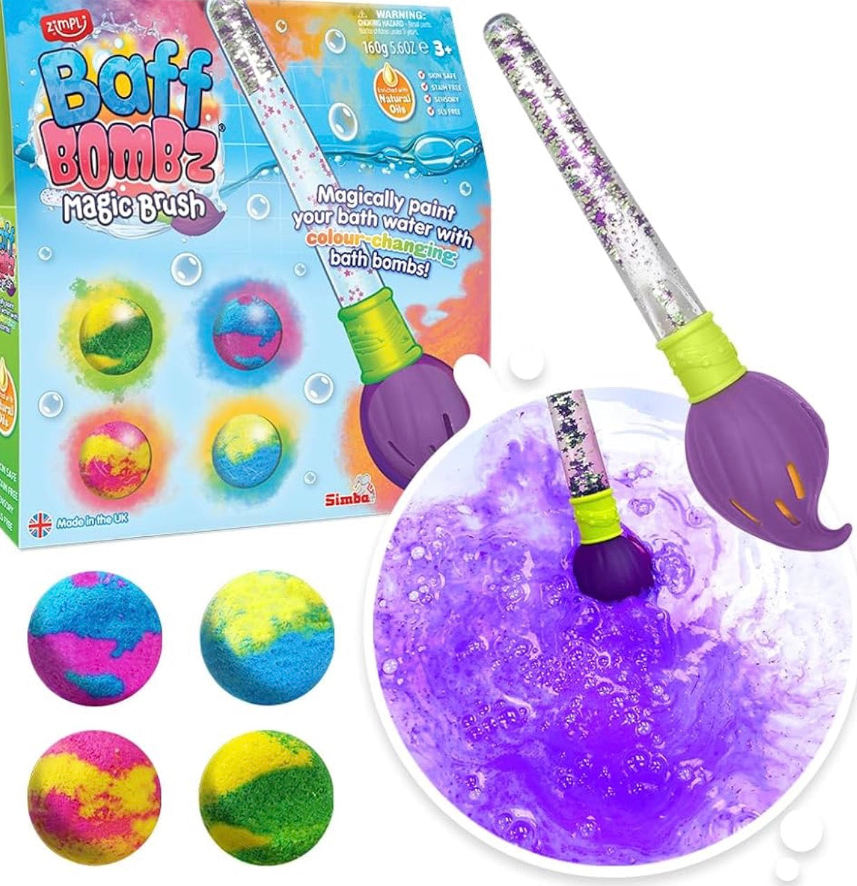 Baff Bombz Magic Brush, 4 x Bath Bombs, Magic Wand, Magically Paint Your Bath Water with This Creaitve Toy for Children,