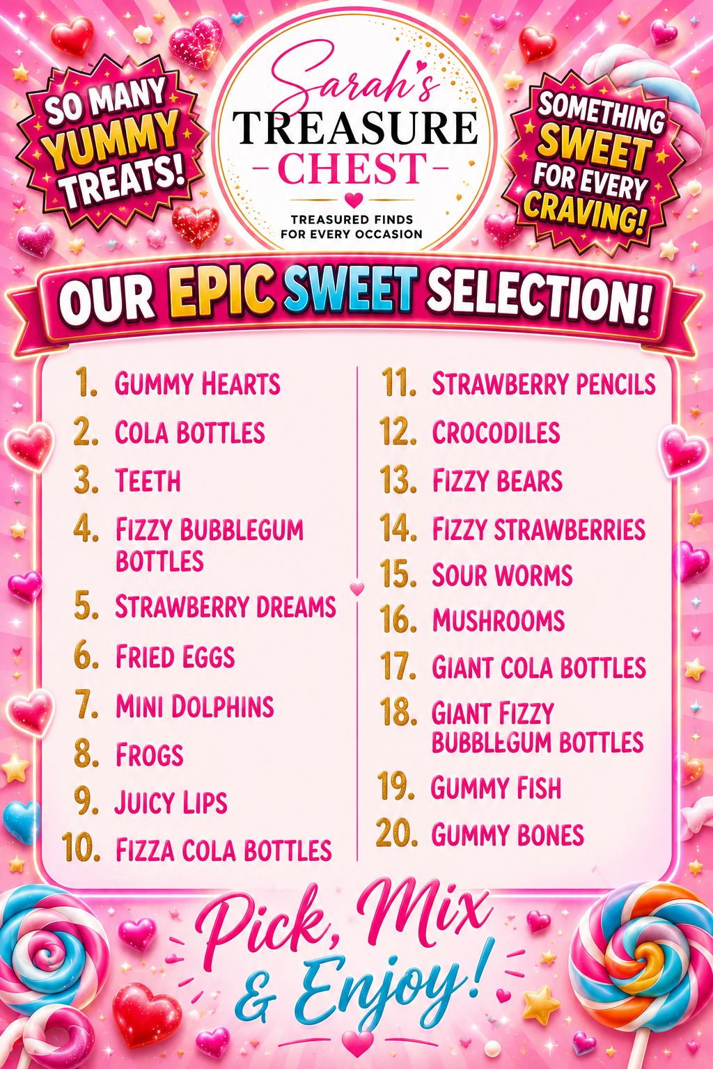Sweet tubs choose any 5