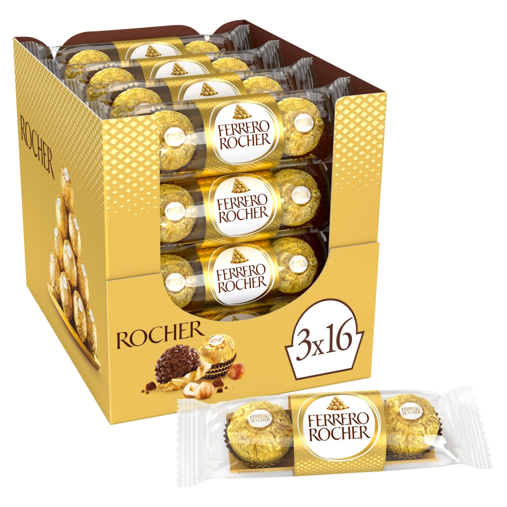 Ferrero Rocher Milk Chocolate Hazelnut Pralines Treat Pack 3 Pieces - 16 x 37.5g Packs