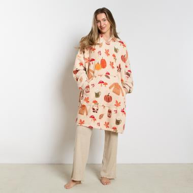 Autumn Print Hoodie Blanket, Adults - Natural Beige