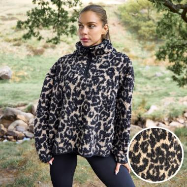 Teddy Leopard Print Half Zip Fleece - Natural