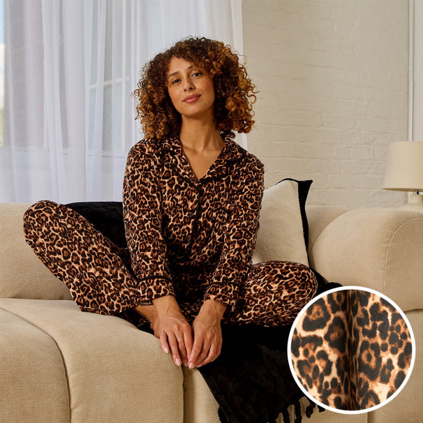 Leopard Print Button Through Pyjama Set - Natural