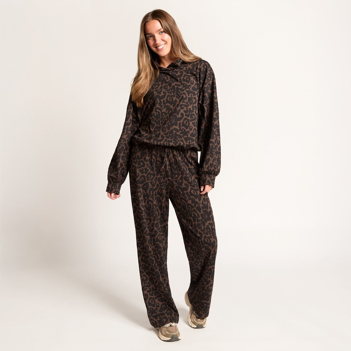 Leopard Print Bubble Hem Hoodie Loungewear Set - Natural