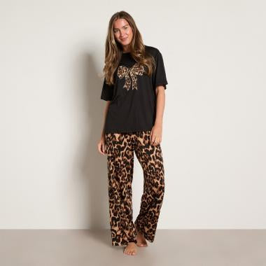 Leopard Bow Print T-Shirt Pyjama Set - Natural/Black