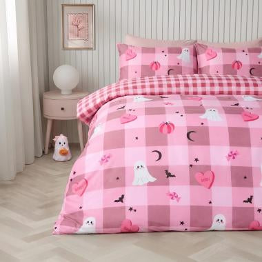 Halloween Gingham Reversible Duvet Cover Set - Pink single