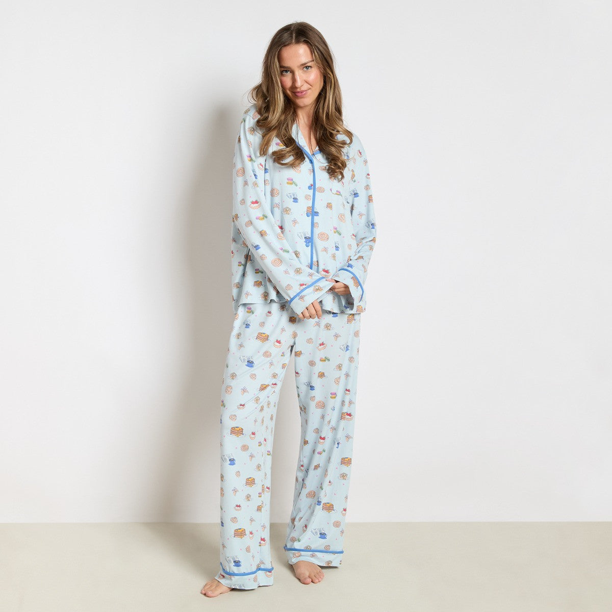 Breakfast Print Piped Jersey Pyjama Set - Blue