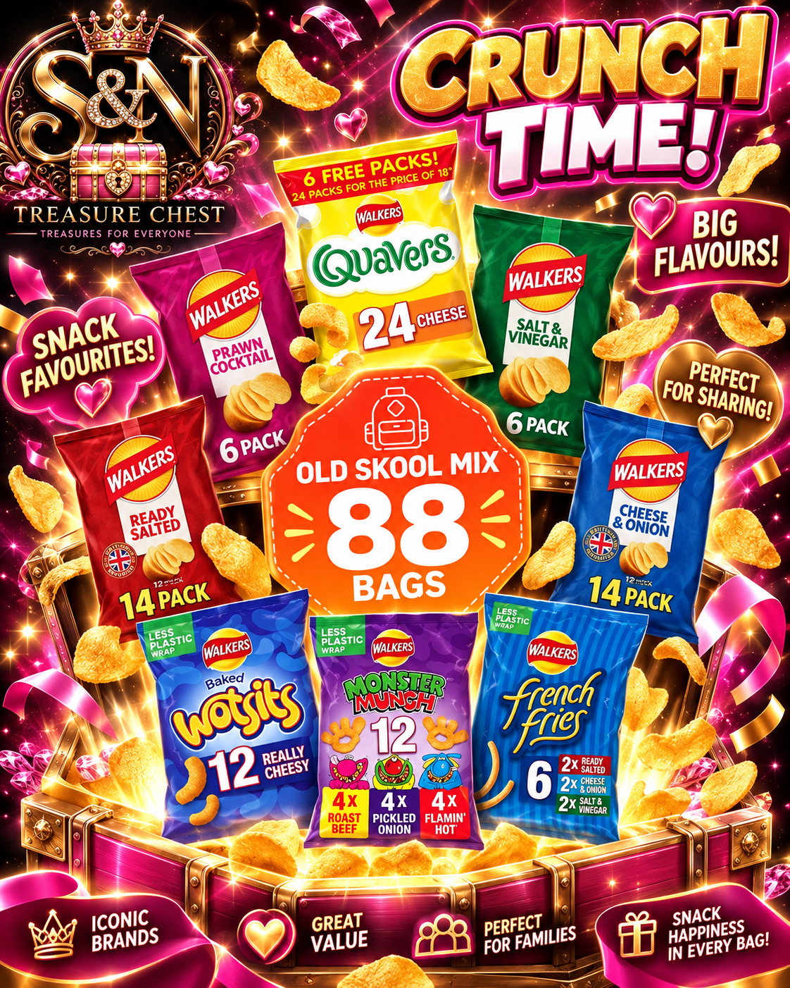 Walkers Crisps Salt Vinegar Quavers Cheese Prawn Cocktail Bundle 88 Bags