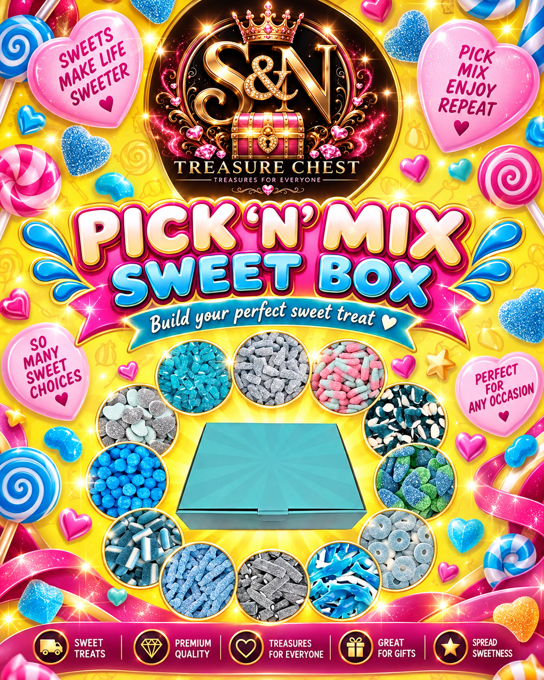 Blue Sweets Hamper Box, 1.4kg of Retro Pick and Mix Blue Sweets, 12 Varieties Including Jelly and Fizzy Sweets